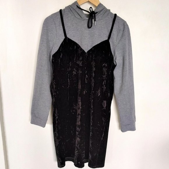 Noisy May Black spaghetti full sleeve velvet dress with grey hoodie attached in - Picture 3 of 13